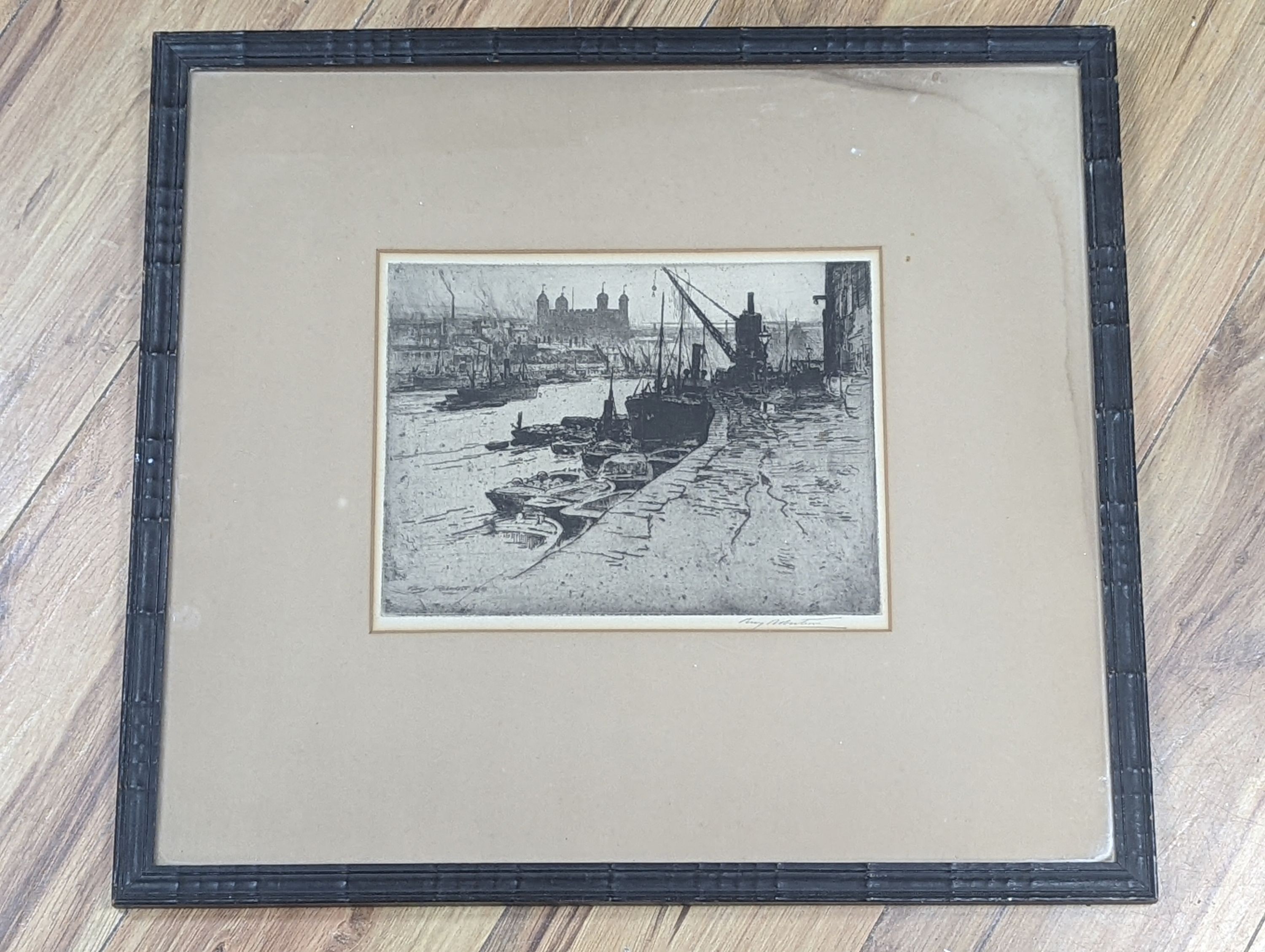 Percy Robertson (1868-1934), etching, View along the Thames with the Tower of London, signed in pencil, 18 x 25cm